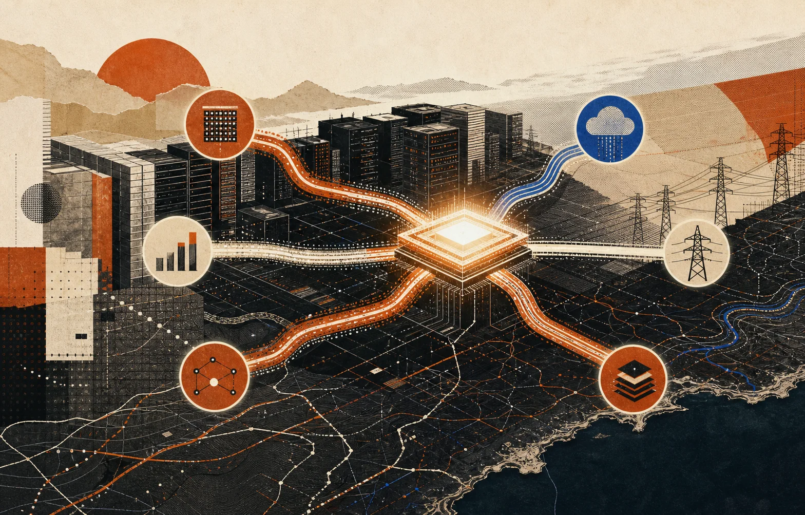 Editorial illustration of compute infrastructure, power, and capital flows converging on an AI chip